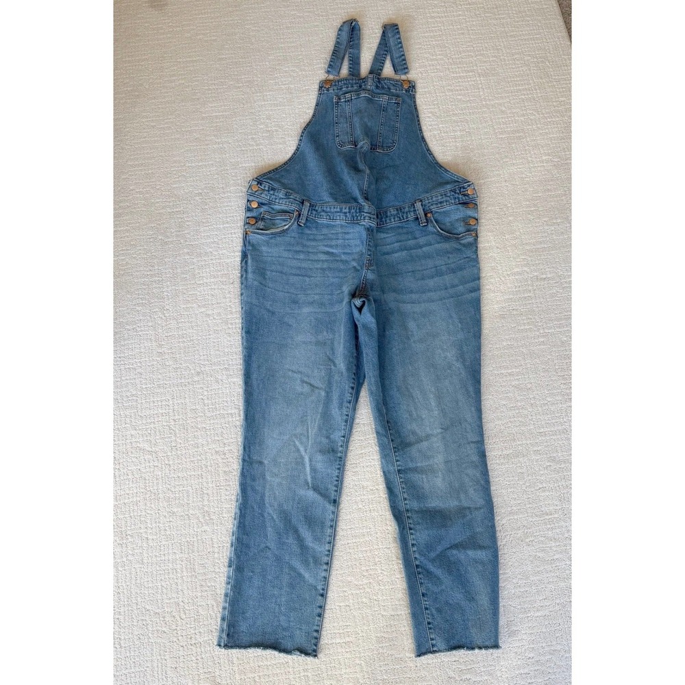 Isabel Maternity Denim Overalls Medium Wash Raw Hem Straight Leg Utility Casual